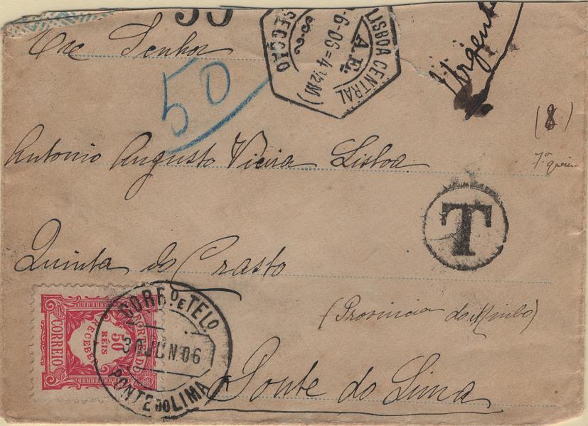 0194.jpg -     Lote:    194                   Descrição:         Porteados. Portugal. 1904 &mdash; Emissão regular. Valor em reis. MF POR12, 50 reis em sobrescrito circulado de Lisboa (29.06.06) para Ponte do Lima (30.06.06) sem franquia e porteada no dobro do porte em falta.         Carta       Valor Base:     &euro; 15,00     Valor Venda:     &euro;      
