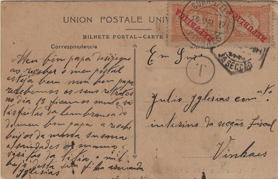 0195.jpg -     Lote:    195                   Descrição:         Porteados. Portugal. 1911 &mdash; Emissão regular. Valores em reis, com sobrecarga REPUBLICA. Postal ilustrado remetido de Lisboa para Vinhais (16.05.12) sem franquia. Foi porteado com o dobro do porte em falta com par de selos de 10 reis laranja, Mf POR15.         PI       Valor Base:     &euro; 15,00     Valor Venda:     &euro;      