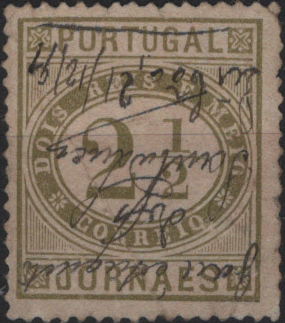 0204.jpg -     Lote:    204            Fiscais       Descrição:         Fiscais. Portugal. 1876 &mdash; Jornaes. Mf48, 2 &frac12; reis bistre esverdeado, denteado 13 &frac12;, papel pontinhado, usado com estampilha fiscal do Imposto do Selo. Raro.         O       Valor Base:     &euro; 8,00     Valor Venda:     &euro;      