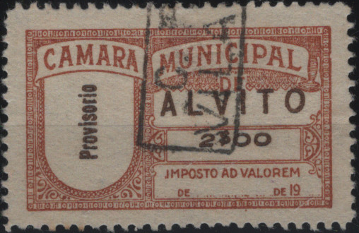 0207.jpg -     Lote:    207            Fiscais       Descrição:         Fiscais. Portugal. Imposto Municipal. 1920 &mdash; Alvito. 2$00 castanho. Idêntico ao catalogado por PB1 com a variedade da legenda "PROVISÓRIO" no lugar do brasão.         O       Valor Base:     &euro; 15,00     Valor Venda:     &euro;      