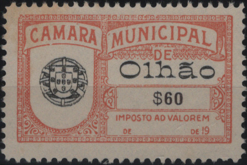 0209.jpg -     Lote:    209            Fiscais       Descrição:         Fiscais. Portugal. Imposto Municipal. 1920 &mdash; Olhão. Imposto Ad-Valorem. $60 laranja, não catalogado por Paulo Barata. Novo.         *       Valor Base:     &euro; 15,00     Valor Venda:     &euro;      