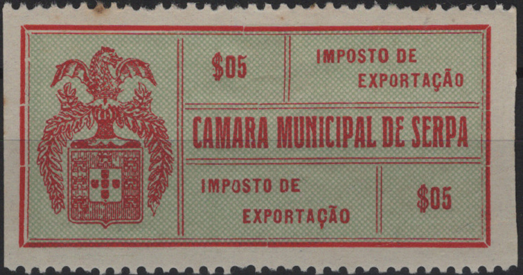 0212.jpg -     Lote:    212            Fiscais       Descrição:         Fiscais. Portugal. Imposto Municipal. 1920 &mdash; Serpa. Imposto de exportação. $05 verde e vermelho, não catalogado por Paulo Barata. Novo.         *       Valor Base:     &euro; 15,00     Valor Venda:     &euro;      