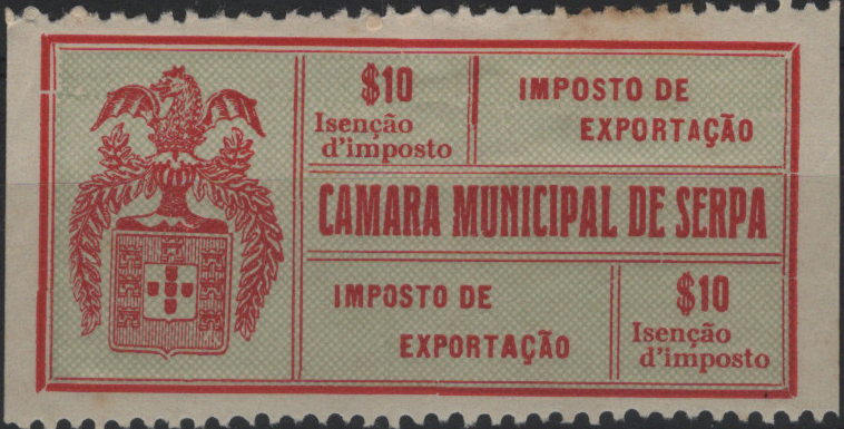 0213.jpg -     Lote:    213            Fiscais       Descrição:         Fiscais. Portugal. Imposto Municipal. 1920 &mdash; Serpa. Imposto de exportação. $10 verde e vermelho, não catalogado por Paulo Barata. Novo.         *       Valor Base:     &euro; 15,00     Valor Venda:     &euro;      
