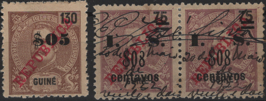 0214.jpg -     Lote:    214            Fiscais       Descrição:         Fiscais * Guiné. Imposto do Selo. Lote composto por estampilha isolada de $05 s/ 130 reis, em estado de novo sem goma + par horizontal com sobretaxa $08 s/ 75 reis em estado de usado, PB 82 e 83B. Valor de catálogo &euro; 75,00.         */O       Valor Base:     &euro; 15,00     Valor Venda:     &euro;      