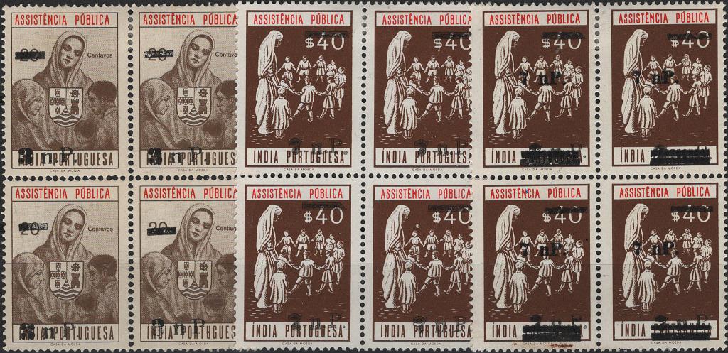 0215.jpg -     Lote:    215            Fiscais       Descrição:         Fiscais * Índia Portuguesa. 1962 &mdash; Assistência Pública. Emissão de 1956 com sobretaxa em moeda Indiana. PB 2&frac12;3. Série completa em quadras. Os exemplares com goma original, os superiores com charneira e os inferiores sem charneira. Valor de catálogo &euro; 180,00.         ***/**       Valor Base:     &euro; 30,00     Valor Venda:     &euro;      