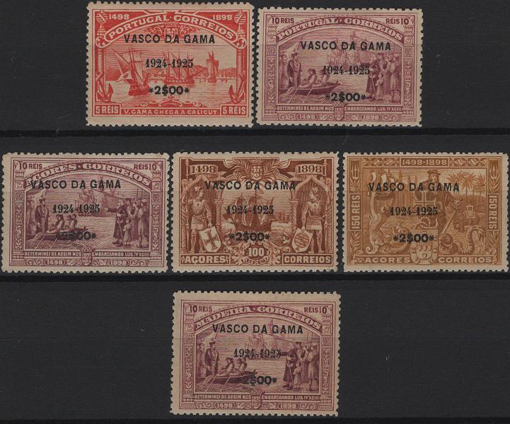 0223.jpg -     Lote:    223            Vinhetas        Descrição:         Vinhetas. 1924/25 &mdash; Vasco da Gama &mdash; 4.º Centenário do Descobrimento do Caminho Marítimo para a Índia. Lote composto por: selos de 5 e 10 reis de Portugal + selos de 10, 100 e 150 reis dos Açores + selo de 10 reis da Madeira com sobrecarga a preto VASCO DA GAMA / 1924-1925 / 2$00. MB e R.         **       Valor Base:     &euro; 20,00     Valor Venda:     &euro;      
