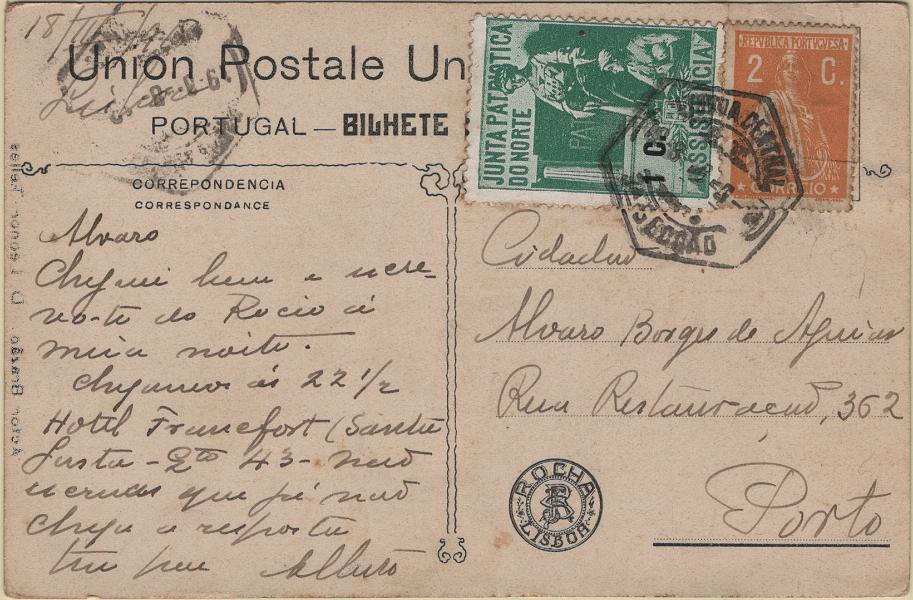 0224.jpg -     Lote:    224            Vinhetas        Descrição:         Vinhetas. Portugal. Junta Patriótica do Norte. Postal ilustrado circulado de Lisboa (18.03.18) para o Porto com selo de 2c laranja, tipo Ceres, denteado 15x14, Mf223 e vinheta de 1c, verde. B e R.         PI       Valor Base:     &euro; 25,00     Valor Venda:     &euro;      