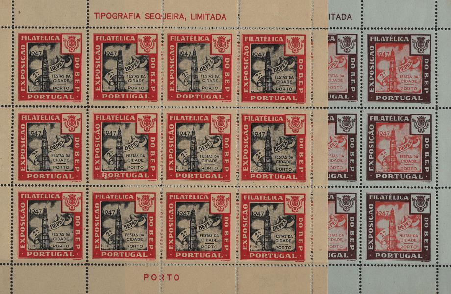 0227.jpg -     Lote:    227            Vinhetas        Descrição:         Vinhetas. Portugal. 1947 &mdash; Exposição Filatélica do B.E.P. Lote com duas folhas completas em cores diferentes, com 12 vinhetas cada. MB.         ***       Valor Base:     &euro; 20,00     Valor Venda:     &euro;      