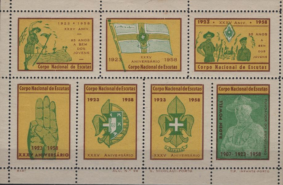 0228.jpg -     Lote:    228            Vinhetas        Descrição:         Vinhetas. Corpo Nacional de Escutas * XXXV Aniversário * 1923-1958. Folha miniatura com 7 vinhetas diferentes. B e R.         *       Valor Base:     &euro; 10,00     Valor Venda:     &euro;      