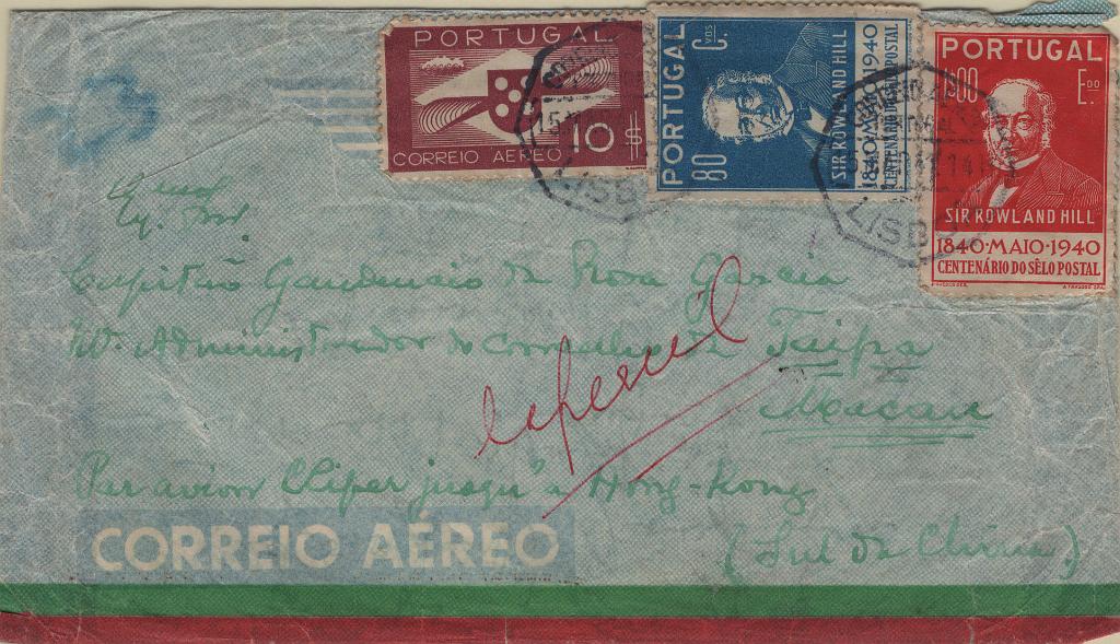 0235.jpg -     Lote:    235            Correio aéreo       Descrição:         1941 (15.03) &mdash; Lisboa / Macau / Taipa pelo Clipper. Sobrescrito circulado por via aérea de Lisboa (15.03.41) para Taipa (01.04.41) com trânsito por Macau (31.03.41) via Nova York e Hong Kong, com selos de 80c e 1$00, Mf604/605 e 10$00 Mf CA7. Inscrição manuscrita "Par avion Cliper jusgu'a Hong Kong".         Aéreo       Valor Base:     &euro; 25,00     Valor Venda:     &euro;      