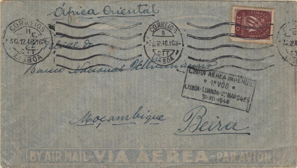 0236.jpg -     Lote:    236            Correio aéreo       Descrição:         1946 (30.12) &mdash; 1.º Voo da Linha Aérea Imperial. Sobrescrito circulado de Lisboa (30.12.46) para a Beira / Moçambique (07.01.47), com selo de 2$00 tipo Caravela, Mf626.          Aéreo       Valor Base:     &euro; 12,00     Valor Venda:     &euro;      