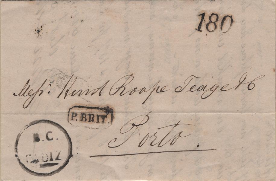 0251.jpg -     Lote:    251            Correio marítimo       Descrição:         Correio marítimo * Marcas do paquete britânico. A preto, LF LSB-PB1 em carta circulada de Cádis (25.03.57) para o Porto (30.03.57) com trânsito por Lisboa (28.03.57) com o porte de Lisboa de 180 reis batido a preto, não tendo sido cobrado o porte territorial. Exemplar sem defeitos nem reparações.         Carta       Valor Base:     &euro; 15,00     Valor Venda:     &euro;      