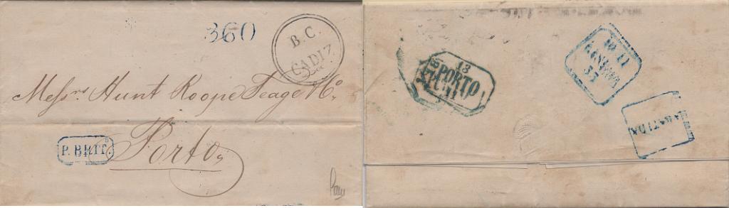 0252.jpg -     Lote:    252            Correio marítimo       Descrição:         Correio marítimo * Marcas do paquete britânico. A azul, LF LSB-PB1 em carta circulada de Cádis (08.11.53) para o Porto (13.11.53) com trânsito por Lisboa (10.11.53) com o porte de Lisboa de 360 reis batido a azul, não tendo sido cobrado o porte territorial. Marca "ABATIDA" batida a azul. Exemplar sem defeitos nem reparações.         Carta       Valor Base:     &euro; 15,00     Valor Venda:     &euro;      