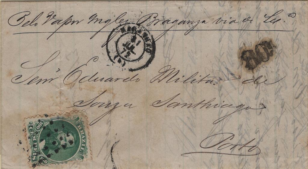 0253.jpg -     Lote:    253            Correio marítimo       Descrição:         Correio marítimo. Carta circulada de Maranhão (31.07.72) para o Porto (17.08.72) com o porte brasileiro com selo de 100 reis Yv27 e porteado à chegada com 80 reis batido a preto. Carimbo do paquete transatlântico batido a preto.         Carta       Valor Base:     &euro; 10,00     Valor Venda:     &euro;      