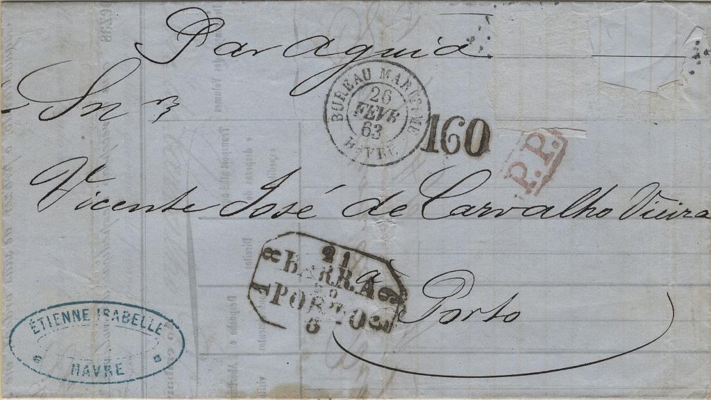 0255.jpg -     Lote:    255            Correio marítimo       Descrição:         Correio marítimo. Carta remetida de Havre (20.02.63) para o Porto (21.03.63, porteada à chegada com 160 reis batido a preto. Carimbo batido a preto "BARRA / DO / PORTO", do período pré-adesivo.         Carta       Valor Base:     &euro; 10,00     Valor Venda:     &euro;      