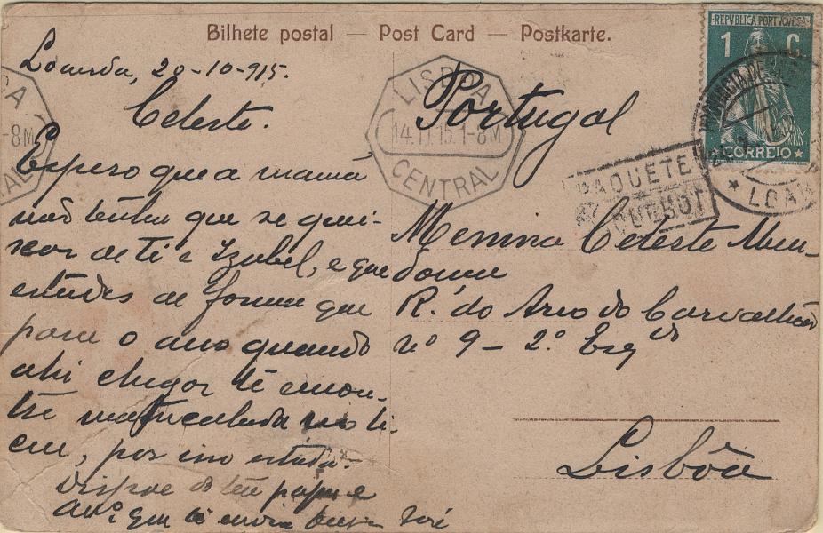 0257.jpg -     Lote:    257            Correio marítimo       Descrição:         Correio marítimo. Marcas de denominação de origem. Postal ilustrado lançado a bordo de paquete com selo do Continente, tipo Ceres de 1c, denteado 15x14, papel porcelana com destino a Lisboa (20.10.15). Entregue no primeiro porto de escala em Luanda (24.10.15) onde lhe foi aplicada a marca batida a preto "PAQUETE / PAQUEBOT".         PI       Valor Base:     &euro; 15,00     Valor Venda:     &euro;      