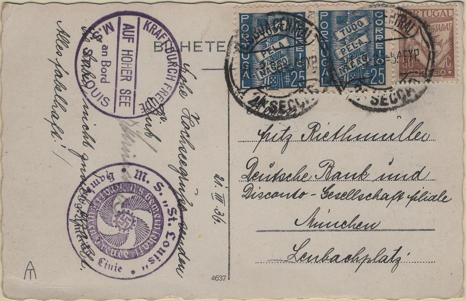 0261.jpg -     Lote:    261            Correio marítimo       Descrição:         Correio marítimo. Marcas de paquetes alemães. Postal ilustrado lançado a bordo do paquete ST. LOUIS" para a Alemanha por Lisboa (21.03.36) com selos de 50c tipo Lusíadas Mf522 e par de $25 Tudo pela Nação, Mf570. Carimbos batidos a violeta "KRAFT DURCH FREUDE / AUF HOHER SEE / NA BOARD / M.S. DT. LOUIS" + "M.S. ST LOUIS / HAMBURG AMERIKA LINIE".         PI       Valor Base:     &euro; 20,00     Valor Venda:     &euro;      