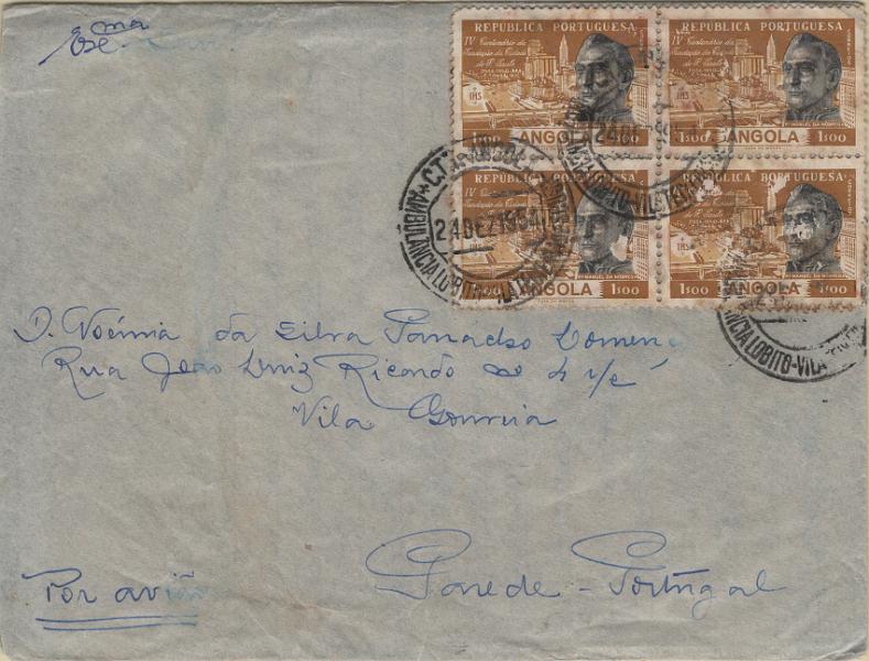 0269.jpg -     Lote:    269            Correio ferroviário       Descrição:         Correio Ferroviário. Sobrescrito circulado de Munhango (24.12.54) para Parede, com trânsito por Nova Lisboa (25.12.54), com quadra de 1$00, Mf376, obliterada com carimbo batido a preto "AMBULÂNCIA LOBITO &mdash; VILA TEICEIRA DE SOUSA". MB.         Carta       Valor Base:     &euro; 15,00     Valor Venda:     &euro;      