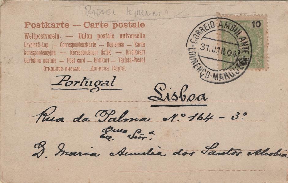 0270.jpg -     Lote:    270            Correio ferroviário       Descrição:         Correio ferroviário. Postal ilustrado circulado de Lourenço Marques (31.01.04) para Lisboa 25.02.04), com selo de 10 reis D. Carlos I Mouchon, Mf34, obliterado com carimbo batido a preto "CORREIO AMBULANTE / LOURENÇO MARQUES".         PI       Valor Base:     &euro; 12,00     Valor Venda:     &euro;      