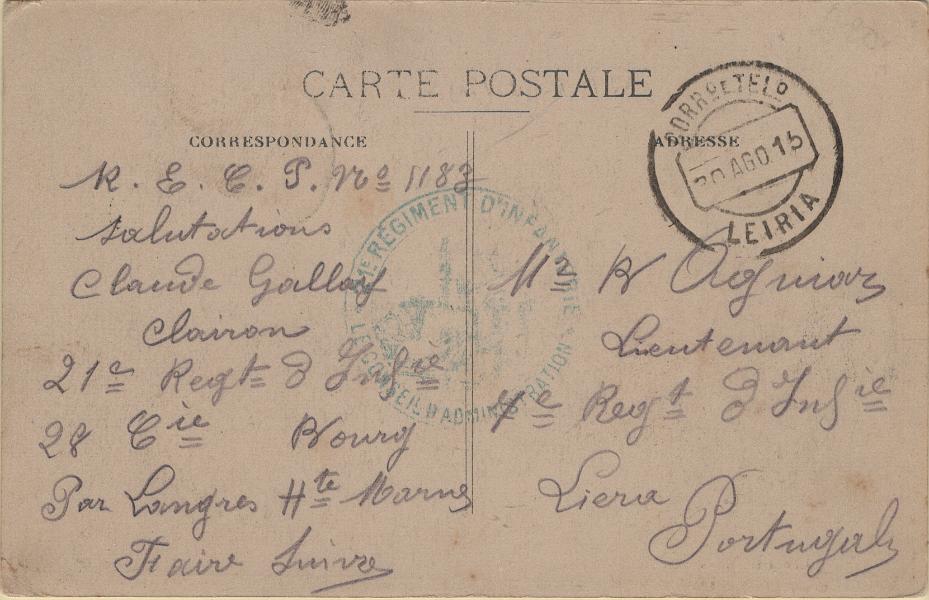 0274.jpg -     Lote:    274            1.ª Guerra Mundial       Descrição:         1914/19 &mdash; 1.ª Guerra Mundial. Militares franceses em Portugal. Postal ilustrado remetido de Langres / França (23.08.15), com selo de 5c para o Tenente de Infantaria do 7.º Regimento de Infantaria em Leiria (30.08.15).         PI       Valor Base:     &euro; 50,00     Valor Venda:     &euro;      