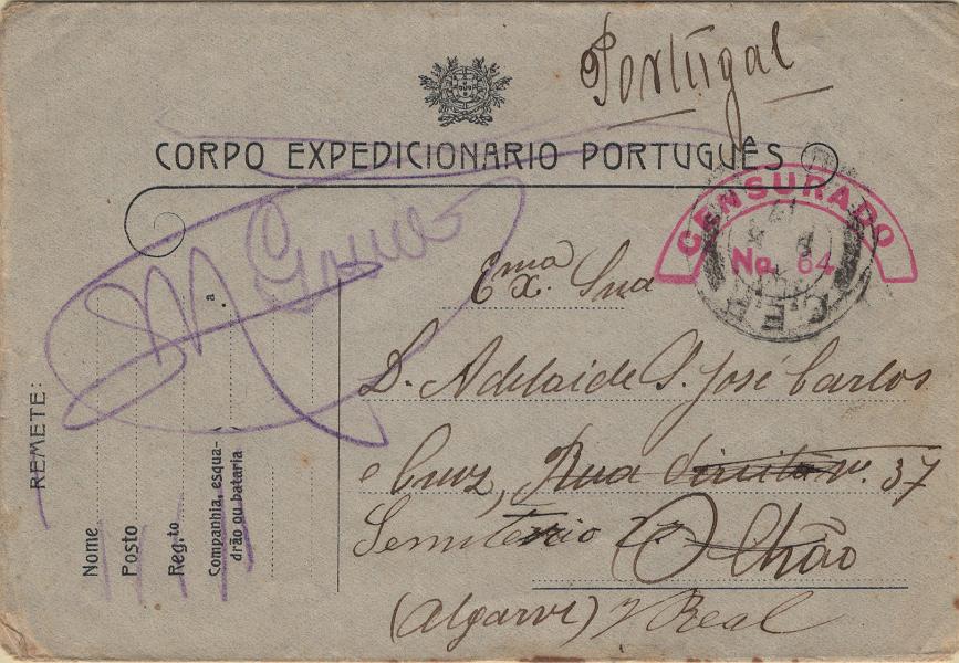 0277.jpg -     Lote:    277            1.ª Guerra Mundial       Descrição:         1914/19 &mdash; 1.ª Guerra Mundial. OM CEP3, preto. Distribuídos pela Associação Fraternidade Militar. Sobrescrito circulado isento de franquia de França (09.10.17) para Olhão e reexpedido para Vila Real de S. António (18.10.17).         IC       Valor Base:     &euro; 15,00     Valor Venda:     &euro;      