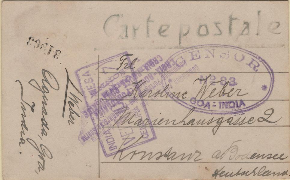 0283.jpg -     Lote:    283            1.ª Guerra Mundial       Descrição:         1914/19 &mdash; 1.ª Guerra Mundial. Prisioneiros alemães na Índia. Bilhete-postal remetido do Campo de Prisioneiros de Aguada (23.02.19) para a Alemanha, via Cruz Vermelha em Lisboa. Carimbos batidos a violeta "INDIA PORTUGUESA / VERIFICADA (7) / CENSURA MILITAR" + carimbo oval "CENSOR / N.º 33 / GOA &mdash; INDIA" + "COMMISSION PORTUGAISE DES PRISONIERS DE GUERRE / CROIX-ROUGE PORTUGAISE / LISBONNE".         IP       Valor Base:     &euro; 150,00     Valor Venda:     &euro;      