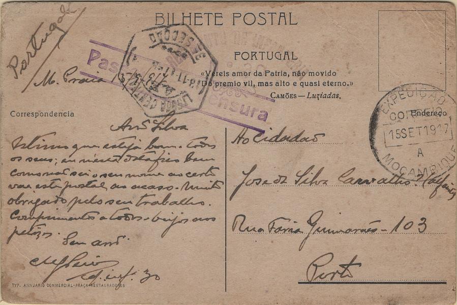 0286.jpg -     Lote:    286            1.ª Guerra Mundial       Descrição:         1914/19 &mdash; 1.ª Guerra Mundial. Expedição Militar a Moçambique. Postal ilustrado circulado isento de franquia de Mocimboa (15.09.17) para o Porto (13.11.17) remetido por oficial do Regimento de Infantaria n.º 30, com carimbo batido a preto "EXPEDIÇÃO / A / MOÇAMBIQUE / CORREIO" e carimbo linear de censura do Niassa do tipo 2 "PASSOU PELA CENSURA", batido a violeta.         PI       Valor Base:     &euro; 30,00     Valor Venda:     &euro;      