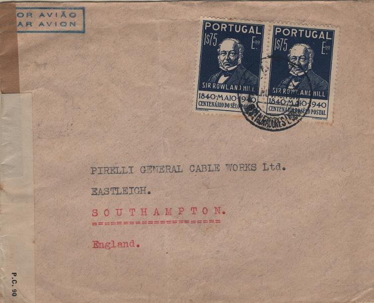 0290.jpg -     Lote:    290            2.ª Guerra Mundial       Descrição:         1939/45 &mdash; 2.ª Guerra Mundial * UNDERCOVER ADDRESS. Sobrescrito circulado de Lisboa * RUA MARQUÊS DA FRONTEIRA 8 (23.11.40) para Southampton com par de selos de 1$75 Centenário do Selo Postal. Endereço utilizado pelos franceses livres na Grã-Bretanha. B e R.         Carta       Valor Base:     &euro; 20,00     Valor Venda:     &euro;      