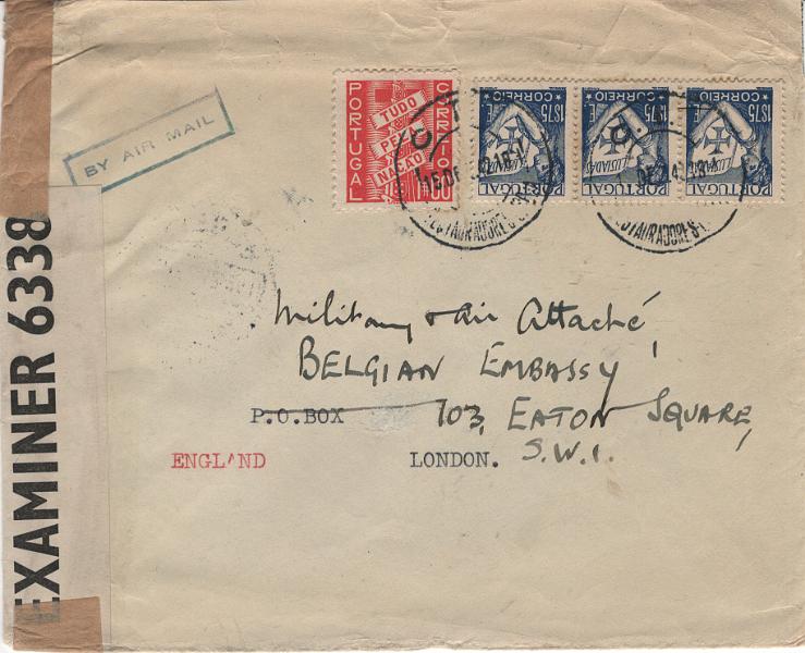 0298.jpg -     Lote:    298            2.ª Guerra Mundial       Descrição:         1939/45 &mdash; 2.ª Guerra Mundial * UNCERCOVER ADDRESS. Sobrescrito circulado de Lisboa * RUA DO LORETO 10 (15.12.43), sede da O.C.A. (Office du Colis Alimentaire, para a Caixa Postal 262, apagada e reendereçada para a Embaixada da Bélgica na, 103, Eaton Square em Londres. Endereços de encaminhamento de pacotes alimentares para cidadãos belgas.         Carta       Valor Base:     &euro; 100,00     Valor Venda:     &euro;      