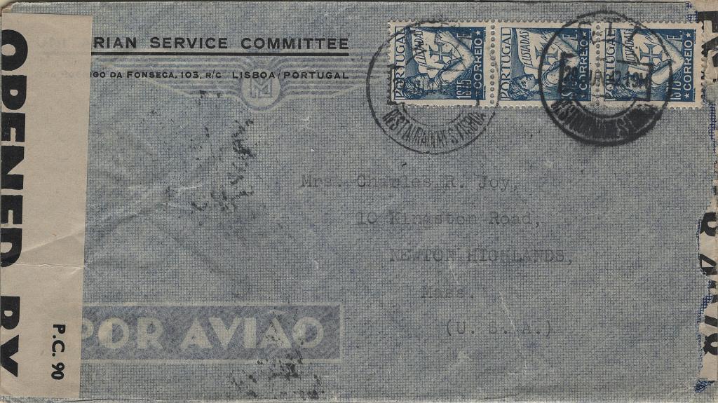 0301.jpg -     Lote:    301            2.ª Guerra Mundial       Descrição:         1939/45 &mdash; 2.º Guerra Mundial. UNDERCOVER ADDRESS. Lote com quatro sobrescritos da "UNITARIAN SERVICE COMMITTEE" para os EUA: duas da sede na RUA RODRIGO DA FONSECA 103, R/C e duas da RUA CASTILHO 15, 4º ESQ.         Carta       Valor Base:     &euro; 70,00     Valor Venda:     &euro;      