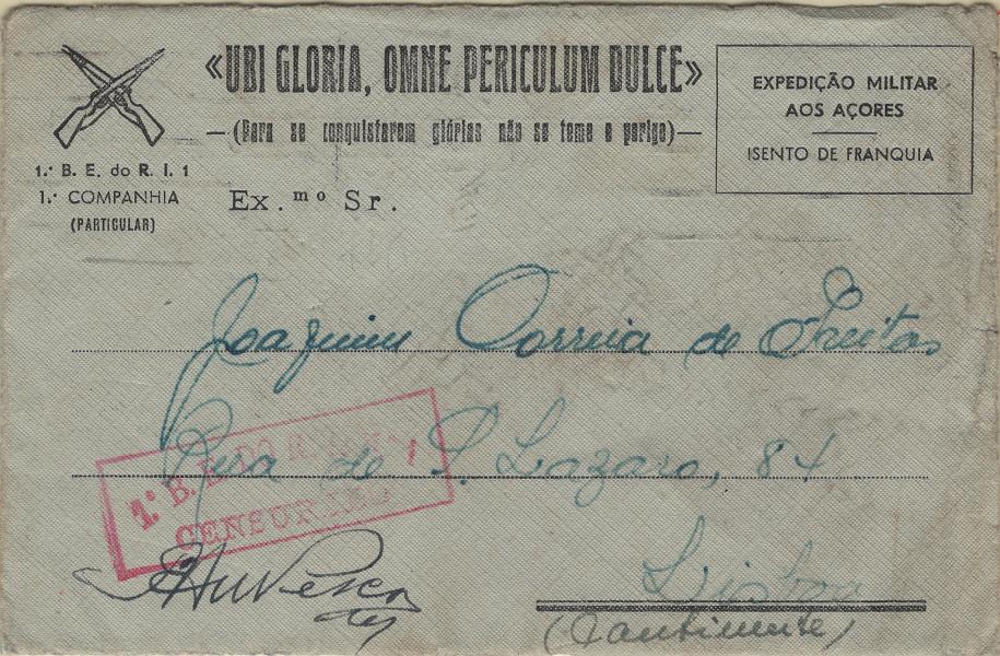 0302.jpg -     Lote:    302            2.ª Guerra Mundial       Descrição:         1939/45 &mdash; 2.ª Guerra Mundial. Expedição Militar aos Açores. Sobrescrito timbrado do 1.º Batalhão de Engenharia do Regimento de Infantaria n.º 1, circulado do Faial (20.05.44) para Lisboa. Isenção impressa e com carimbo de censura da unidade a vermelho. B e R.         ARG       Valor Base:     &euro; 15,00     Valor Venda:     &euro;      