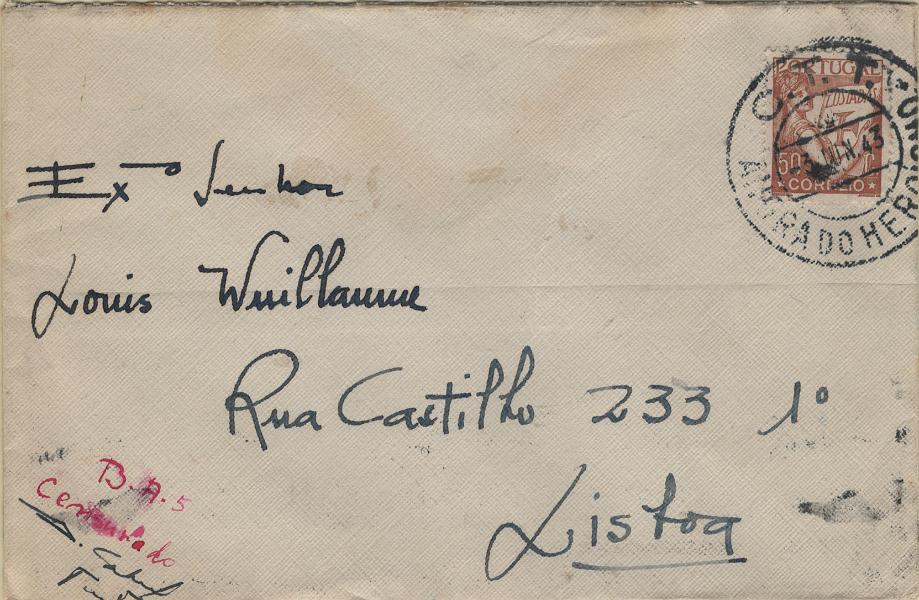 0304.jpg -     Lote:    304            2.ª Guerra Mundial       Descrição:         1939/1945 &mdash; 2.º Guerra Mundial. Censuras. Sobrescrito circulado de Angra do Heroísmo (03.06.43) para Lisboa (09.06.43) com selo de 50c tipo Lusíadas. Censura manuscrita a vermelho "B.A. 5 / CENSURADO".         Carta       Valor Base:     &euro; 25,00     Valor Venda:     &euro;      