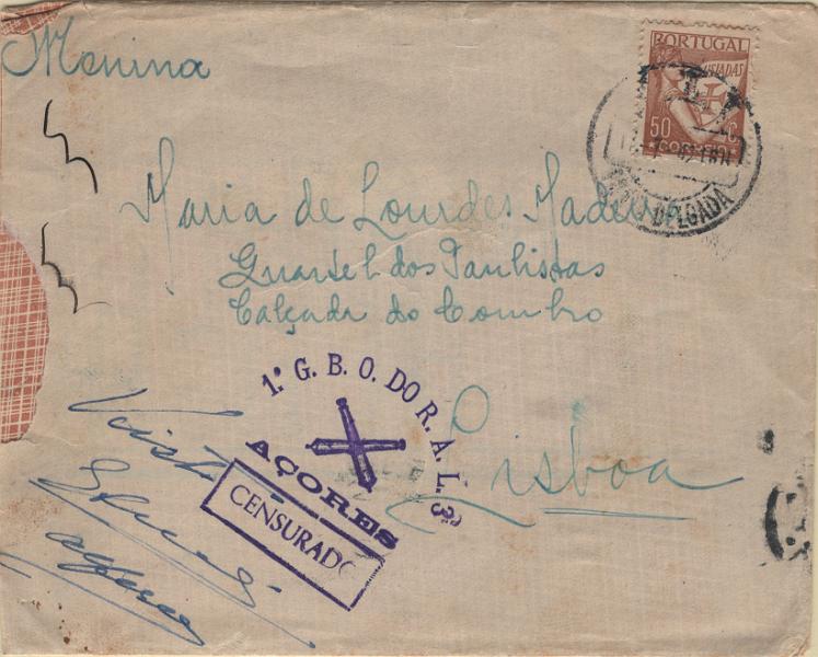 0306.jpg -     Lote:    306            2.ª Guerra Mundial       Descrição:         1939/45 &mdash; 2.ª Guerra Mundial. Censuras. Sobrescrito circulado de Ponta Delgada (13.07.42) para Lisboa (25.07.42) com selo tipo de Lusíadas de 50c. Censurado com carimbo batido a violeta "1.º G. B. O  DO  R. A. L. 3 / AÇORES / CENSURADO".         Carta       Valor Base:     &euro; 12,00     Valor Venda:     &euro;      