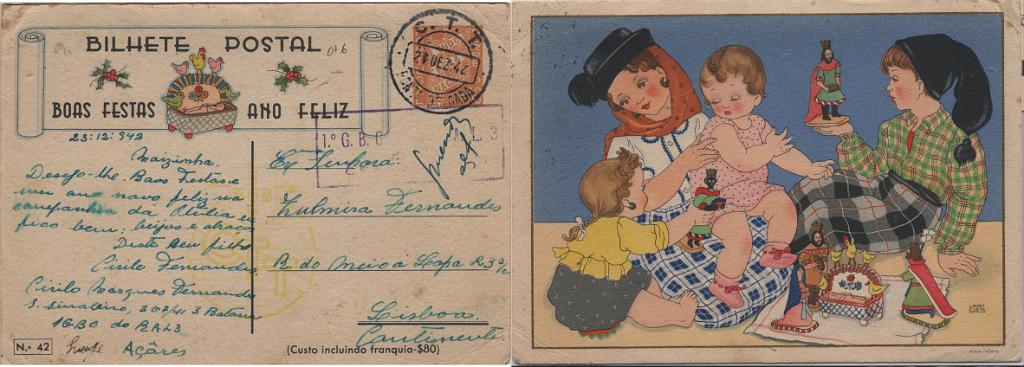 0307.jpg -     Lote:    307            2.ª Guerra Mundial       Descrição:         1939/45 &mdash; 2.ª Guerra Mundial. Bilhete-postal de Boas Festas, tipo Tudo pela Nação de $30 ocre, OM96 (n.º 42 &mdash; Preparação do Presépio), circulado de Ponta Delgada (27.12.42) para Lisboa, censurado. Carimbo de censura batido a violeta "1.º G. B. O. DO R.A.L. 3 / CENSURADO".         IC       Valor Base:     &euro; 10,00     Valor Venda:     &euro;      