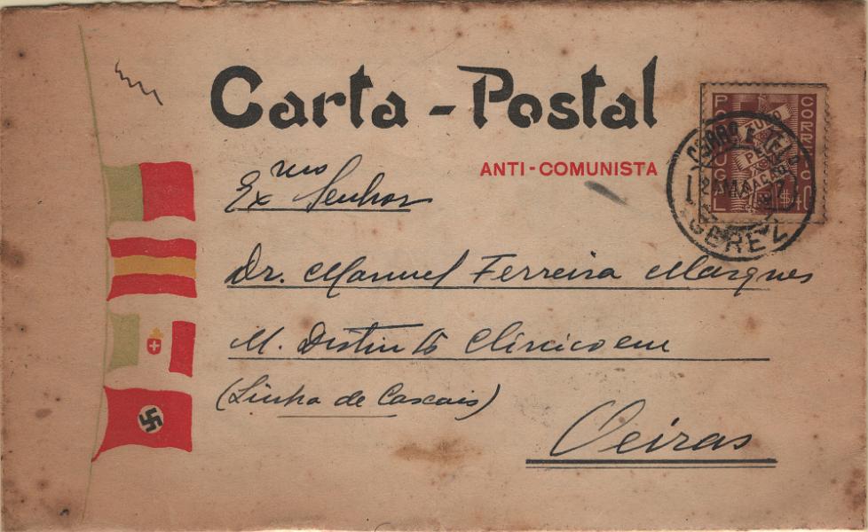 0320.jpg -     Lote:    320            2.ª Guerra Mundial       Descrição:         1937 &mdash; Carta Postal Anti-Comunista, editada por "ALMA NACIONAL" circulada com selo de $40 Tudo pela Nação de Braga (24.05.37) para Oeiras (25.05.37), incluindo nas bandas desenhos de Hitler, Franco, Mussolini e Salazar. Exemplar com diversas manchas.         Carta       Valor Base:     &euro; 40,00     Valor Venda:     &euro;      