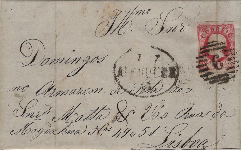 0327.jpg -     Lote:    327                   Descrição:         1862/64 &mdash; D. Luís I. Mf16, 25 reis carmim rosa, com margens curtas em carta circulada de Alenquer (07.07.65) para Lisboa (08.07.65) com carimbo numérico da 1.ª reforma, batido a preto "6 &mdash; ALENQUER", tipo 3.5.3 e oval datado também batido a preto "7 &mdash; 7 / ALEMQUER / 65". Exemplar sem defeitos nem reparações com marcas bem batidas.         Carta       Valor Base:     &euro; 35,00     Valor Venda:     &euro;      
