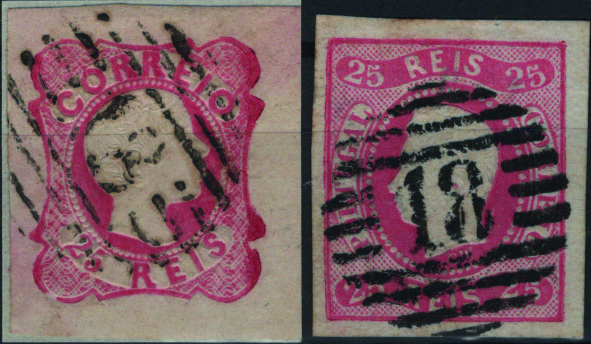 0332.jpg -     Lote:    332                   Descrição:         1858/64 &mdash; D. Pedro V, cabelos anelados + D. Luís I. Mf13, 25 reis carmim rosa com margens de luxo + Mf16, 25 reis carmim rosa com boas margens, obliterados com carimbos numéricos da 1.ª reforma batidos a preto "18 &mdash; CARREGADO", tipo 4.3.4. Carimbos de tipos diferentes, com barras finas e barras grossas. Exemplares sem defeitos nem reparações.         O       Valor Base:     &euro; 20,00     Valor Venda:     &euro;      