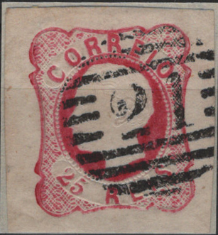 0334.jpg -     Lote:    334                   Descrição:         1856/58 &mdash; D. Luís I. Mf13, 25 reis carmim rosa, com margens de luxo, obliterado com carimbo numérico da 1.ª reforma, batido a preto "21 &mdash; CASCAIS", tipo 4.3.4. Exemplar sem defeitos nem reparações.         O       Valor Base:     &euro; 15,00     Valor Venda:     &euro;      