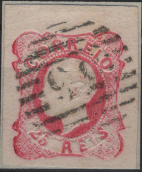 0340.jpg -     Lote:    340                   Descrição:         1862/64 &mdash; D. Luís I. Mf16, 25 reis carmim rosa, com margens de luxo e normais, obliterado com carimbo numérico da 1.ª reforma, batido a preto "36 &mdash; PORTO DE MOZ", tipo 4.3.4. Exemplar sem defeitos nem reparações.         O       Valor Base:     &euro; 15,00     Valor Venda:     &euro;      
