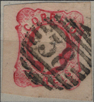 0341.jpg -     Lote:    341                   Descrição:         1862/64 &mdash; D. Luís I. Mf16, 25 reis carmim rosa, com margens de luxo, obliterado com carimbo numérico da 1.ª reforma, batido a preto "38 &mdash; RIO MAIOR", tipo 4.3.4. Exemplar sem defeitos nem reparações.         O       Valor Base:     &euro; 15,00     Valor Venda:     &euro;      