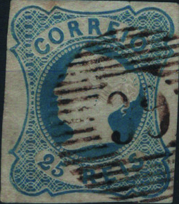 0342.jpg -     Lote:    342                   Descrição:         1853 &mdash; D. Maria II. Mf2, 25 reis azul, tipo II, com margens curtas, obliterado com carimbo numérico da 1.ª reforma, batido a sépia "39 &mdash; SACAVÉM", tipo 6.8.6. Exemplar sem defeitos nem reparações.         O       Valor Base:     &euro; 25,00     Valor Venda:     &euro;      