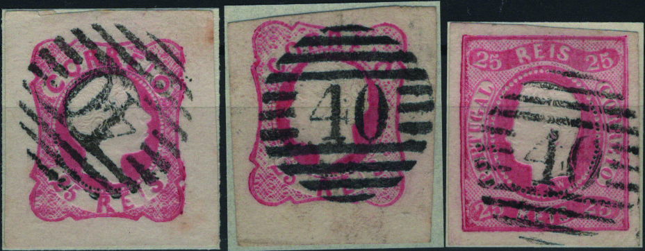 0343.jpg -     Lote:    343                   Descrição:         1858/64 &mdash; D. Pedro V, cabelos anelados + D. Luís I + D. Luís I, fita curva, não denteados Mf13, 25 reis carmim rosa com margens de luxo + Mf16, 25 reis carmim rosa com margens de luxo + Mf22, 25 reis carmim rosa, com margens largas, obliterados com carimbos numéricos da 1.ª reforma batidos a preto "40 &mdash; SANTIAGO DE CACÉM", tipo 4.3.4. Exemplares sem defeitos nem reparações.         O       Valor Base:     &euro; 20,00     Valor Venda:     &euro;      