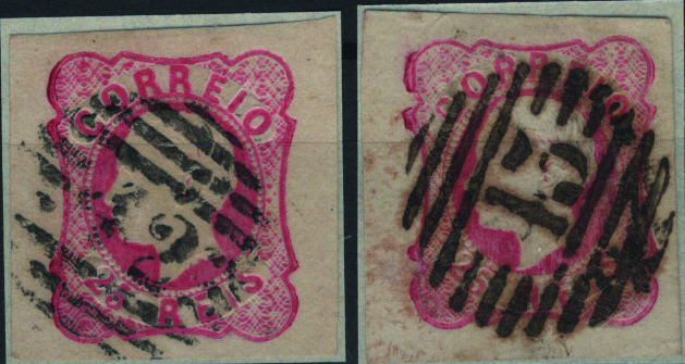 0344.jpg -     Lote:    344                   Descrição:         1862/64 &mdash; D. Luís I. Mf16, 25 reis carmim rosa. Lote com dois selos, com margens largas a luxo, obliterados com carimbo numérico da 1.ª reforma, batido a preto "42 &mdash; SETUBAL", "43 &mdash; SOBRAL DE MONTE AGRAÇO", ambos do tipo 4.3.4. Exemplar sem defeitos nem reparações.         O       Valor Base:     &euro; 20,00     Valor Venda:     &euro;      