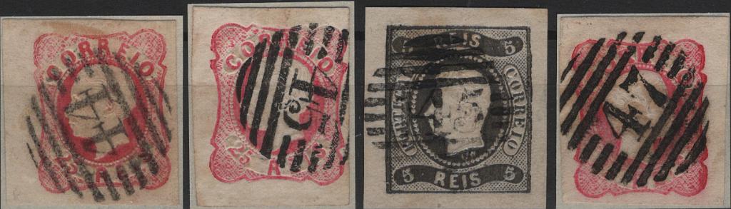 0346.jpg -     Lote:    346                   Descrição:         1858/67 &mdash; D. Pedro V, cabelos anelados + D. Luís I + D. Luís, fita direita, não denteados. Lote composto por 4 selos (Mf13 + 2xMf16 + Mf19, com margens largas na sua grande maioria, obliterados com carimbos numéricos da 1.ª reforma: "44- TORRES VEDRAS" + 2x"45 &mdash; VILA FRANCA DE XIRA" + "47 &mdash; VENDAS NOVAS". Todos do tipo 4.3.4. Exemplares muito bonitos, sem defeitos nem reparações.         O       Valor Base:     &euro; 25,00     Valor Venda:     &euro;      