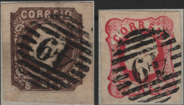 0350.jpg -     Lote:    350                   Descrição:         1862/64 &mdash; D. Luís I. Lote com dois selos; Mf14, 5 reis castanho + Mf16, 25 reis carmim rosa. Lote com dois selos, com margens largas a luxo, obliterados com carimbo numérico da 1.ª reforma, batido a preto "49 &mdash; HORTA" do tipo 4.3.4. Exemplares sem defeitos nem reparações.         O       Valor Base:     &euro; 15,00     Valor Venda:     &euro;      