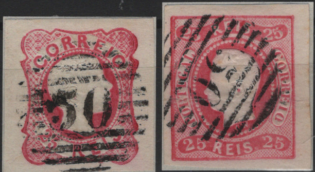0351.jpg -     Lote:    351                   Descrição:         1858/67 &mdash; D. Pedro V, cabelos anelados + D. Luís I, fita curva, não denteados. Mf13, 25 reis carmim rosa + Mf22, 25 reis carmim rosa, ambos com margens normais a largas, obliterados com carimbos numéricos da 1.ª reforma, batidos a preto "50 &mdash; PONTA DELGADA", tipo 4.3.4, de tipos diferentes. Exemplares sem defeitos nem reparações.        O       Valor Base:     &euro; 20,00     Valor Venda:     &euro;      