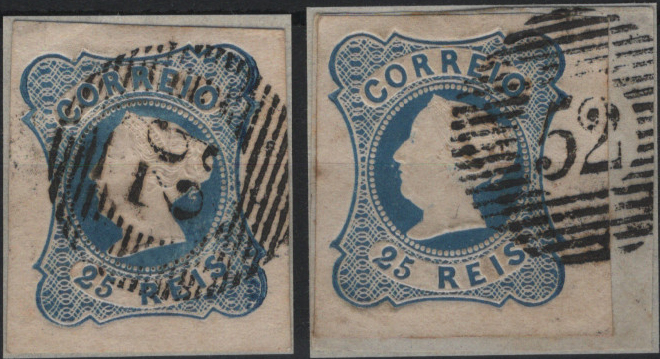 0352.jpg -     Lote:    352                   Descrição:         1853 &mdash; D. Maria II. Mf2, 25 reis azul, tipo II, com margens normais a luxo, obliterados com carimbos numéricos da 1.ª reforma, batidos a preto "52 &mdash; PORTO", tipo 6.8.5 e 6.12.5. Exemplares sem defeitos nem reparações.         O       Valor Base:     &euro; 20,00     Valor Venda:     &euro;      