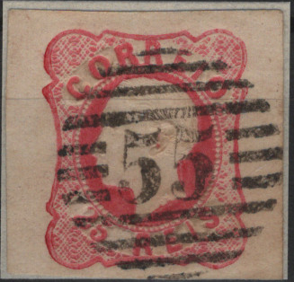 0354.jpg -     Lote:    354                   Descrição:         1862/64 &mdash; D. Luís I. Mf16, 25 reis carmim rosa, com 3 margens de luxo e uma normal, obliterado com carimbo numérico da 1.ª reforma, batido a preto "55 &mdash; BEMPOSTA", tipo 4.3.4. Exemplar sem defeitos nem reparações.         O       Valor Base:     &euro; 15,00     Valor Venda:     &euro;      