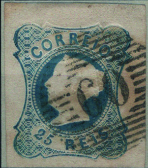 0359.jpg -     Lote:    359                   Descrição:         1853 &mdash; D. Maria II. Mf2, 25 reis, tipo II, com duas margens de luxo e duas normais, obliterado com carimbo numérico da 1.ª reforma, batido a preto "60 &mdash; FEIRA", tipo 6.8.6. Exemplar sem defeitos nem reparações.         O       Valor Base:     &euro; 20,00     Valor Venda:     &euro;      