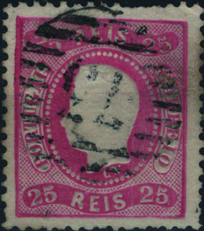 0365.jpg -     Lote:    365                   Descrição:         1867/70 &mdash; D. Luís I. Fita curva, denteados. Mf30, 25 reis carmim rosa, obliterado com carimbo numérico da 1.ª reforma, batido a preto "RUIVÃES", tipo 3.5.3. Exemplar sem defeitos nem reparações.         O       Valor Base:     &euro; 25,00     Valor Venda:     &euro;      